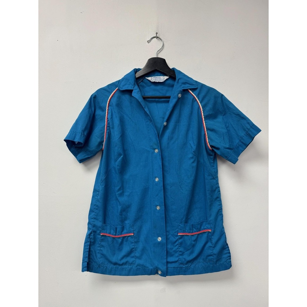 Vintage Hilton Bowling Shirt Womens 34‎ Blue Short Sleeve Snap Front Piping 70s